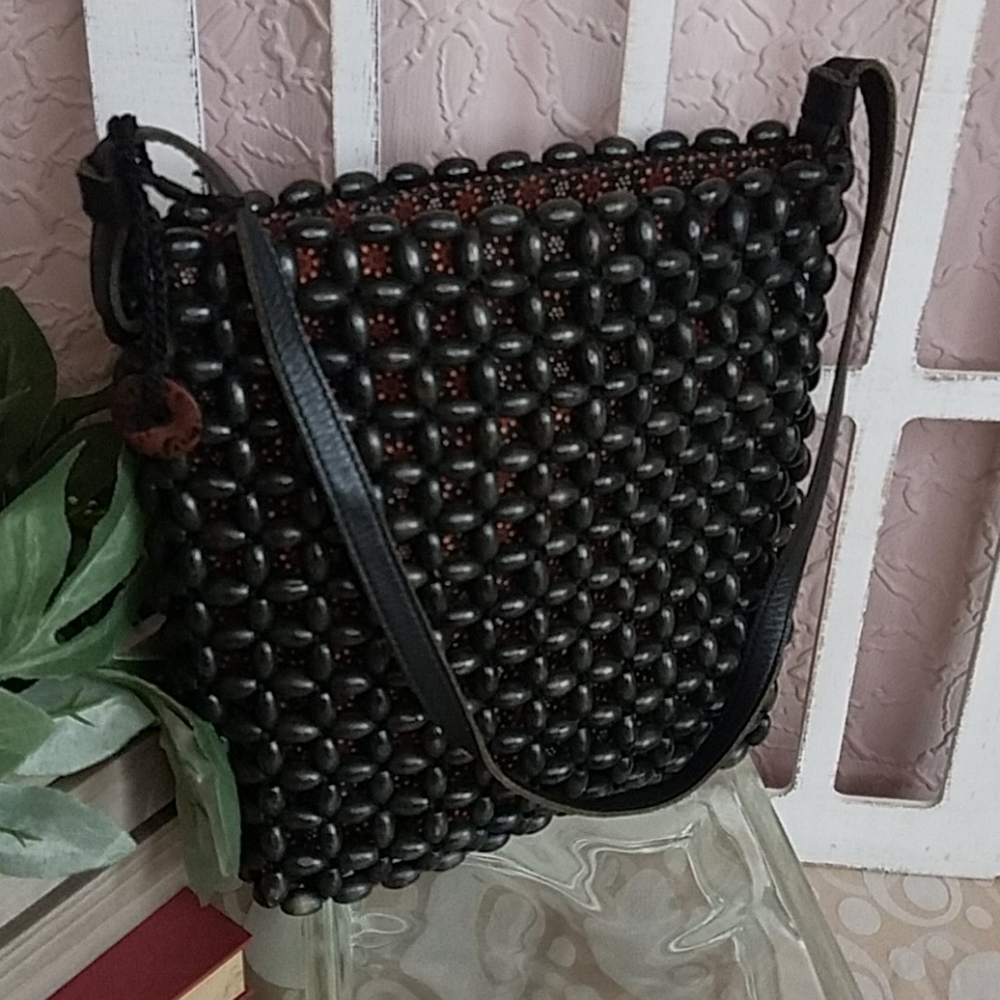 The Sak Black Wood Beaded Handbag Leather Strap